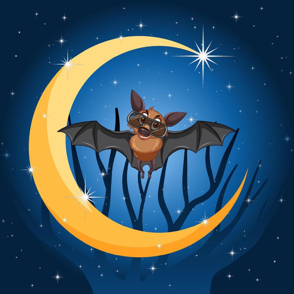 morcego de desenho animado com fundo de lua crescente vetor