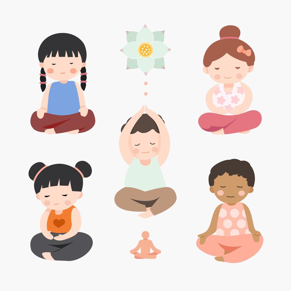 pacote de ioga de meditação. vetor de ilustração de coleção de crianças meditando plana