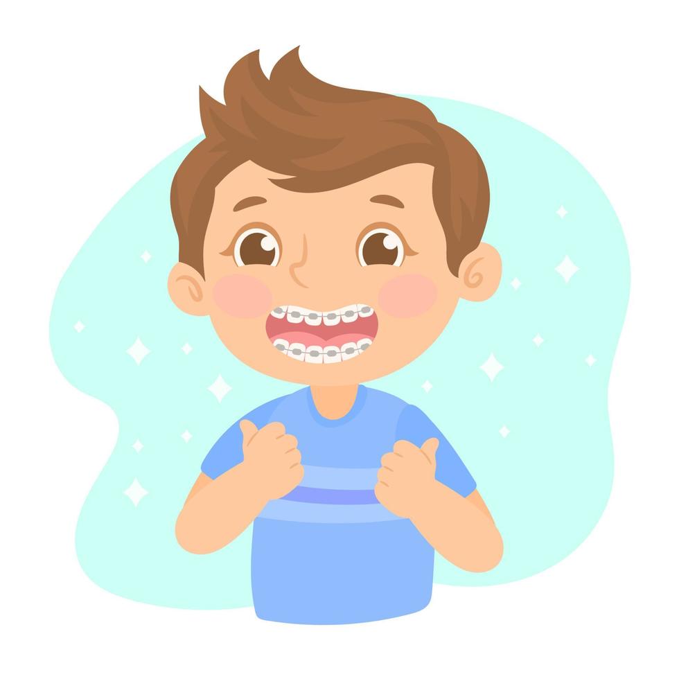 menino adolescente feliz mostrando seu aparelho dentário. vetor