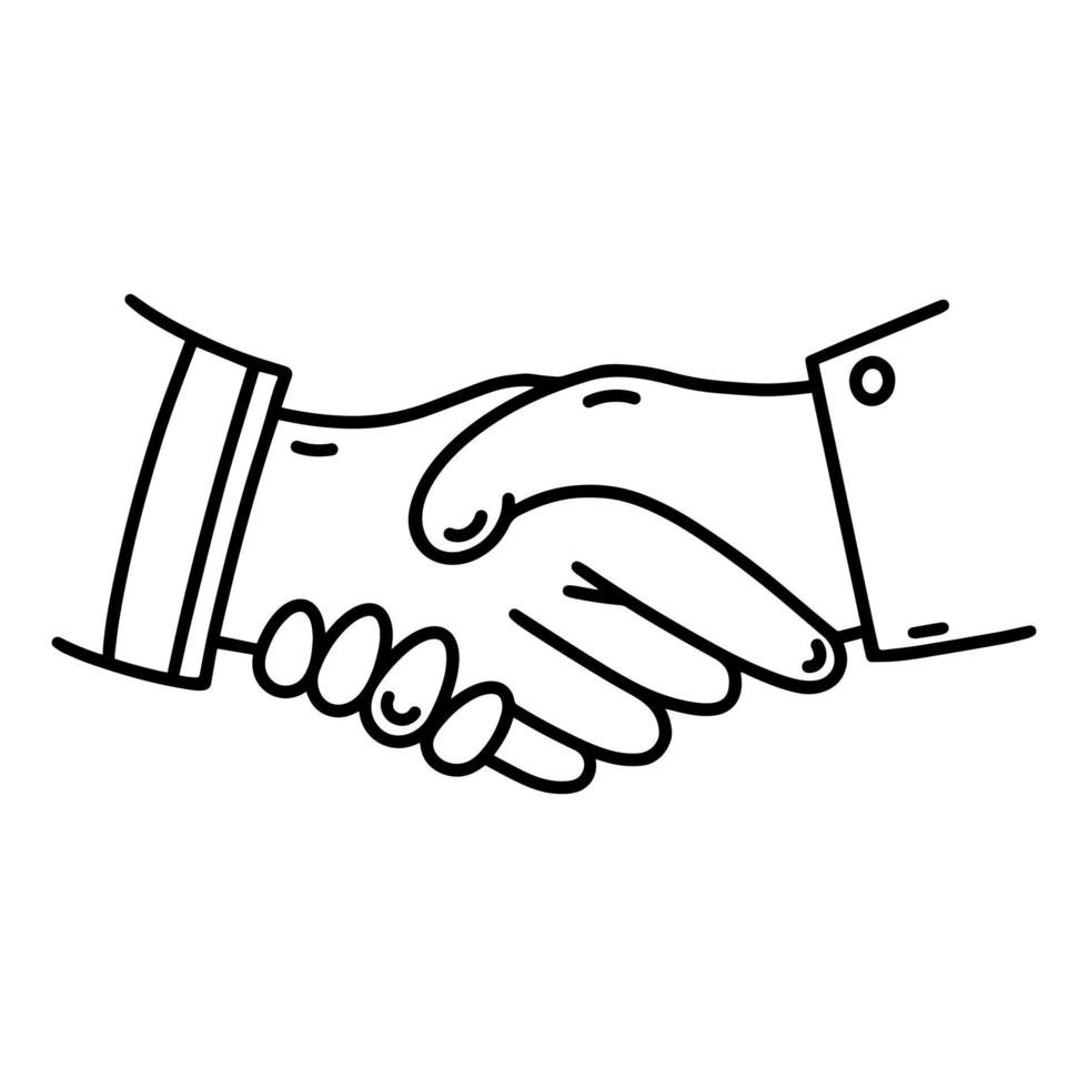ícone de vetor de aperto de mão. mão desenhada ilustração isolada no fundo branco. duas pessoas concordam em cooperação, trabalho, amizade, um acordo. símbolo de negócios e parceria. rabisco simples, esboço