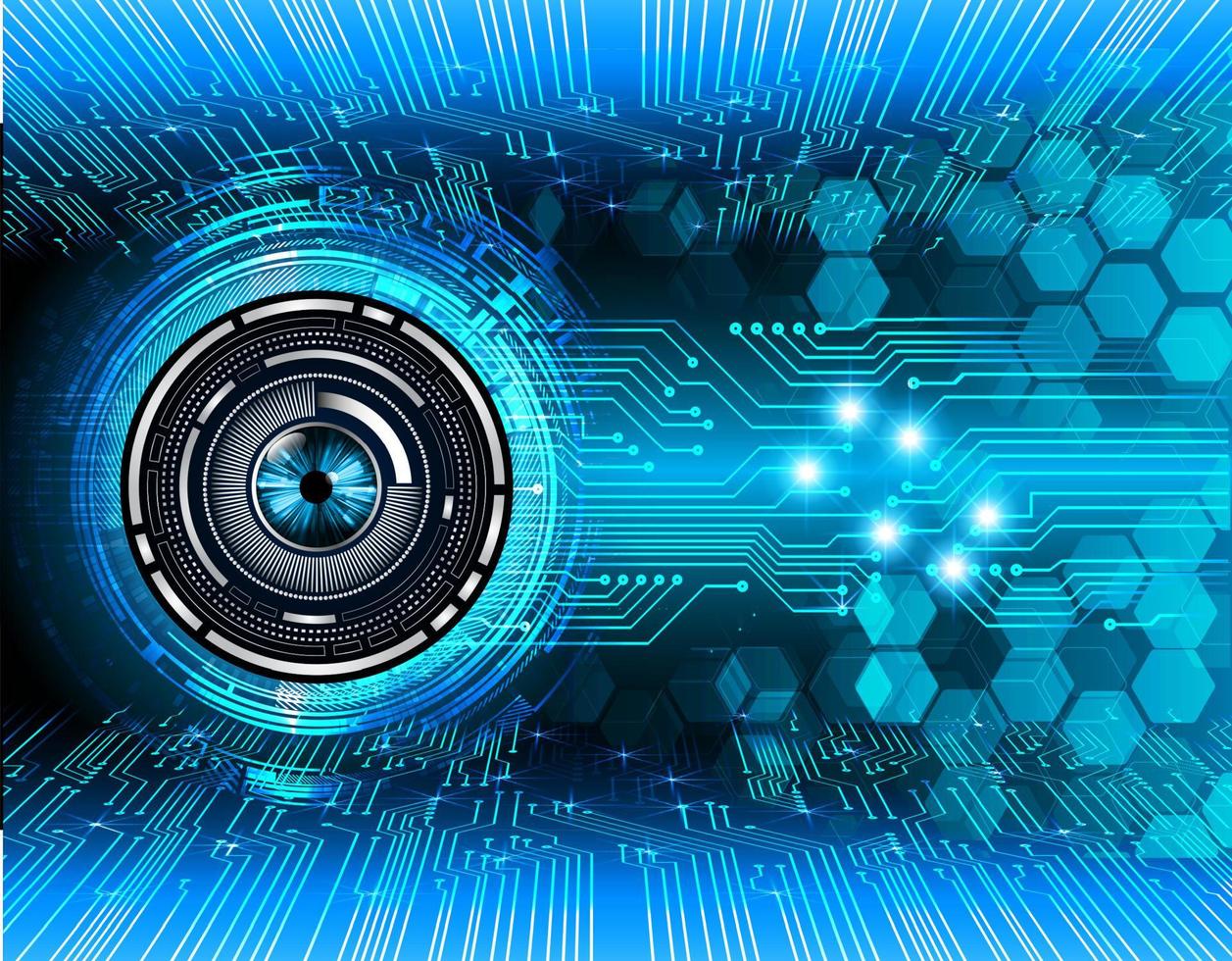 fundo de conceito de tecnologia futura de circuito cibernético de olhos azuis vetor
