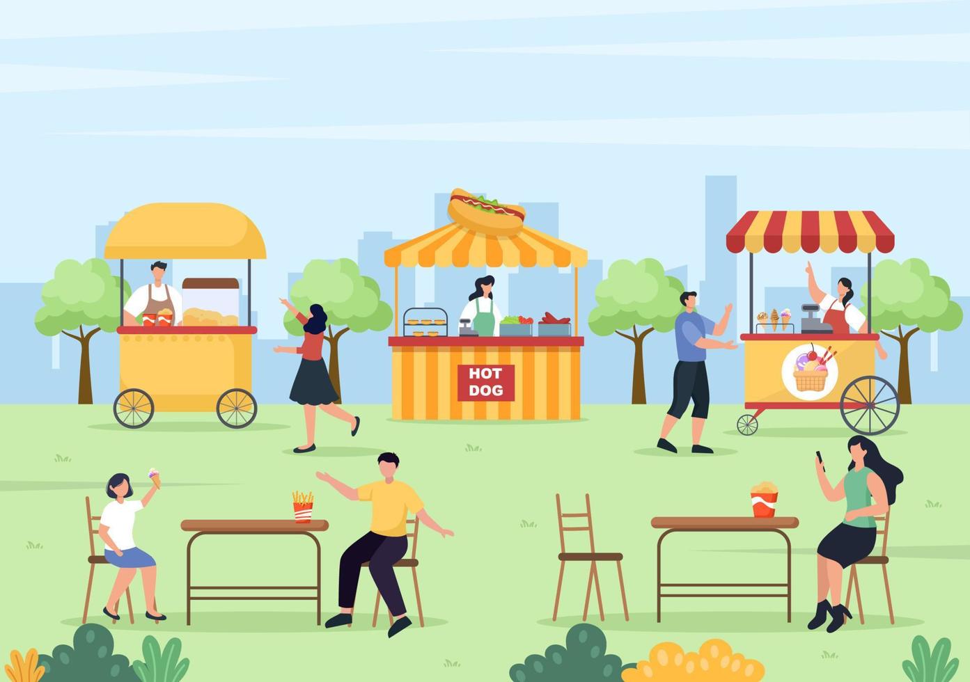 pessoas comendo comida de rua ao ar livre servindo fast food como pizza, hambúrguer, cachorro-quente ou tacos em ilustração de cartaz de fundo de desenho animado plano vetor