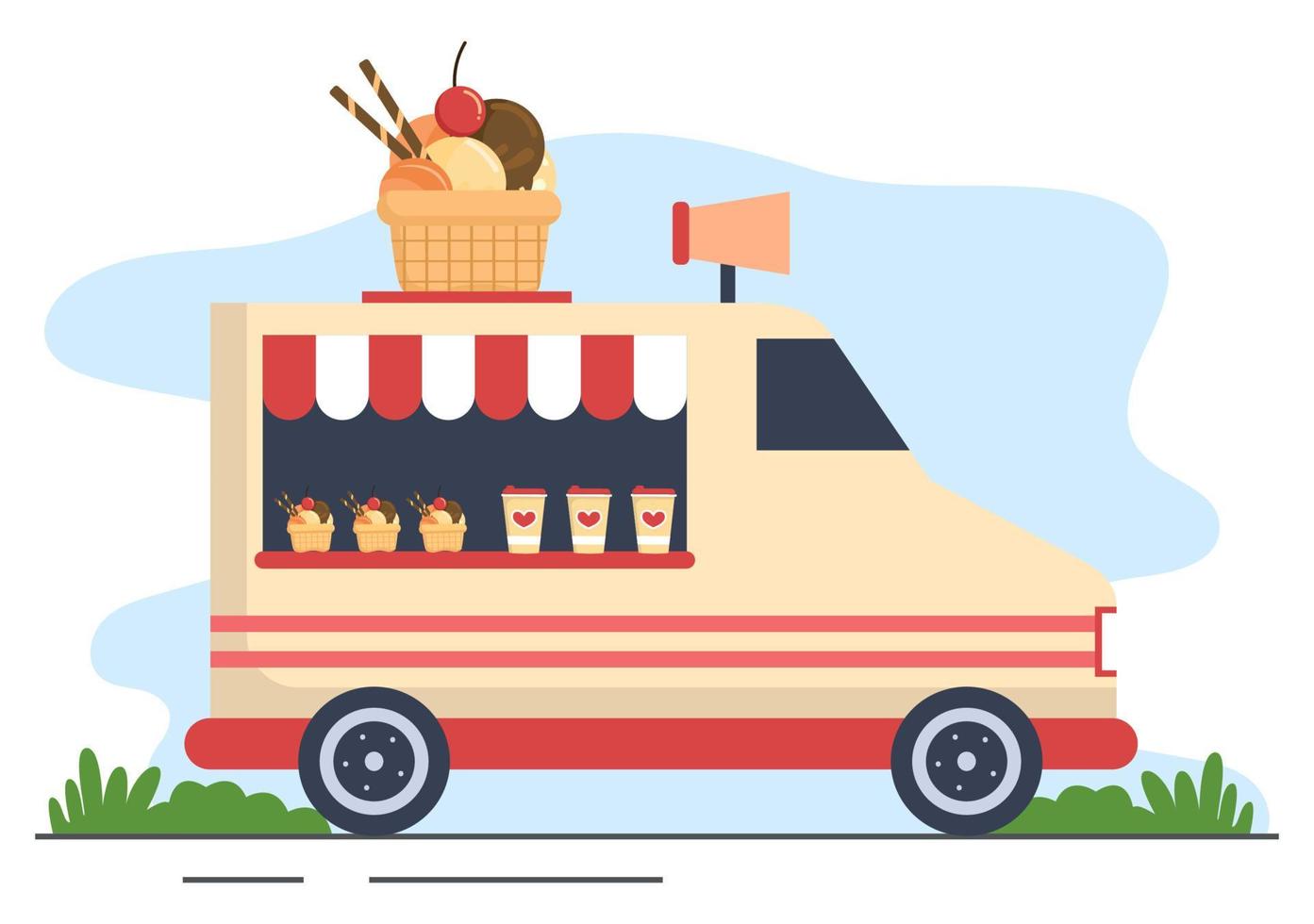 rua ao ar livre e caminhão de comida servindo fast food, como pizza, hambúrguer, cachorro-quente ou tacos em ilustração de cartaz de fundo de desenho animado plano vetor