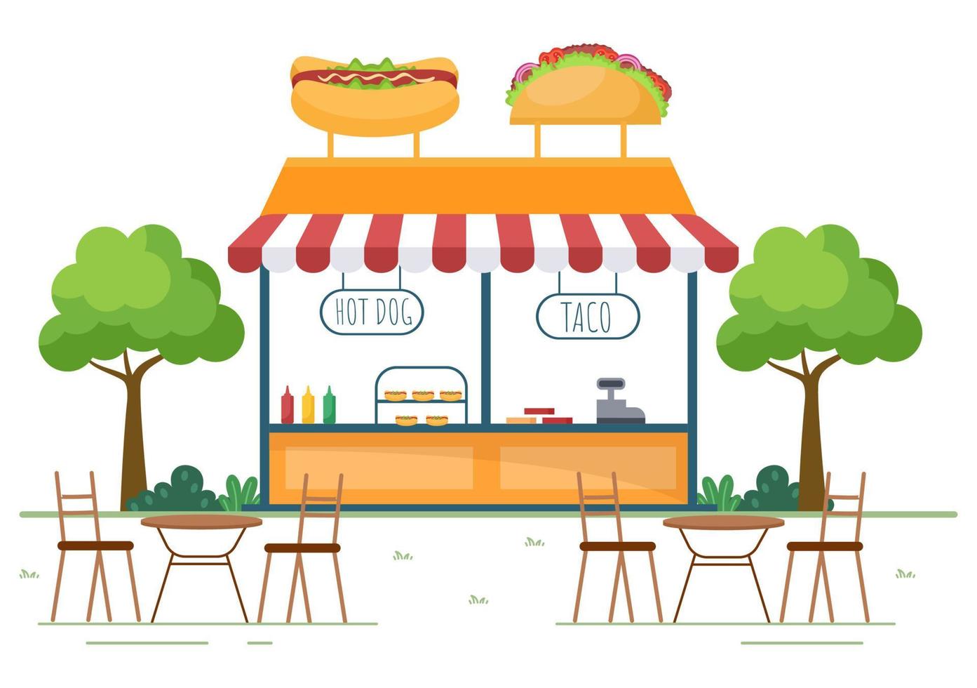 pessoas comendo comida de rua ao ar livre servindo fast food como pizza, hambúrguer, cachorro-quente ou tacos em ilustração de cartaz de fundo de desenho animado plano vetor