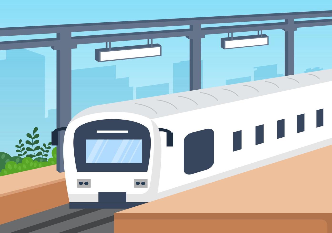 estação ferroviária com cenário de transporte de trem, plataforma para partida e metrô interior subterrâneo em ilustração de cartaz de fundo plano vetor