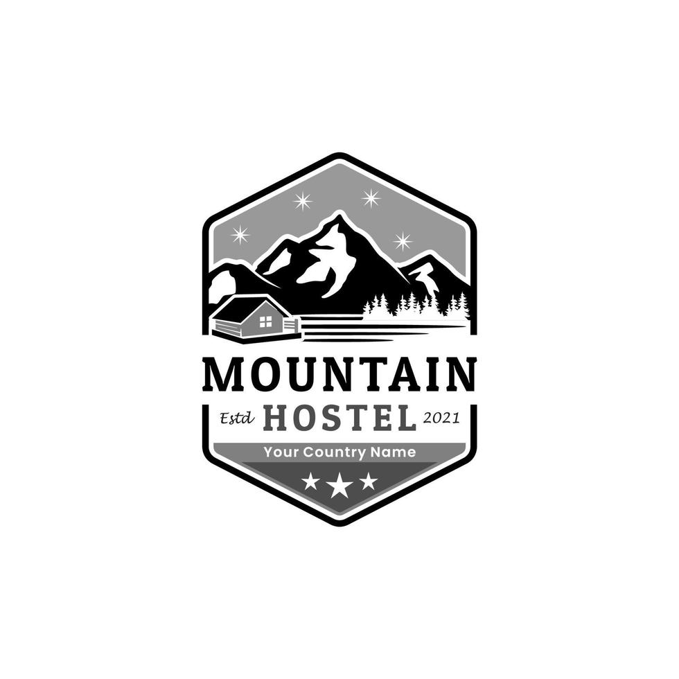 montanhas e casas logotipo hexagonal para hotel, casa de aluguel ou villa na inspiração de design rural vetor