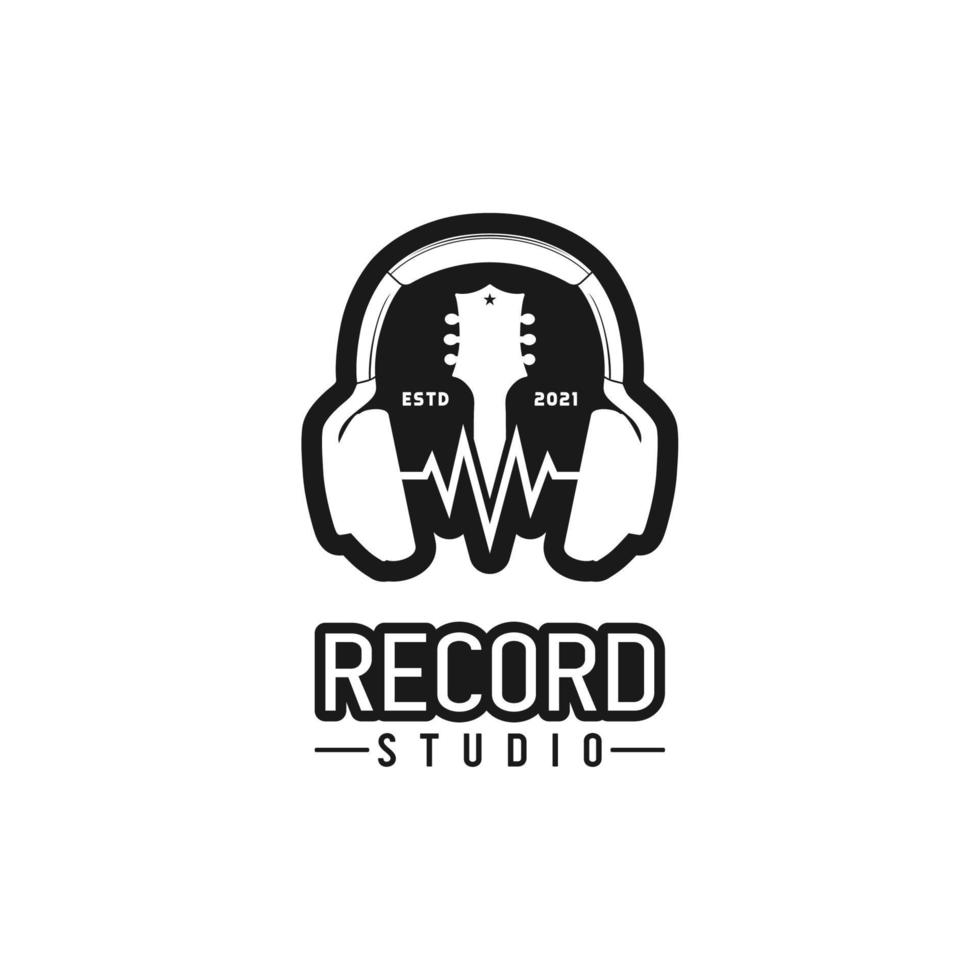 fone de ouvido, gravação de estúdio de cabeça de guitarra, design de logotipo de onda sonora vetor