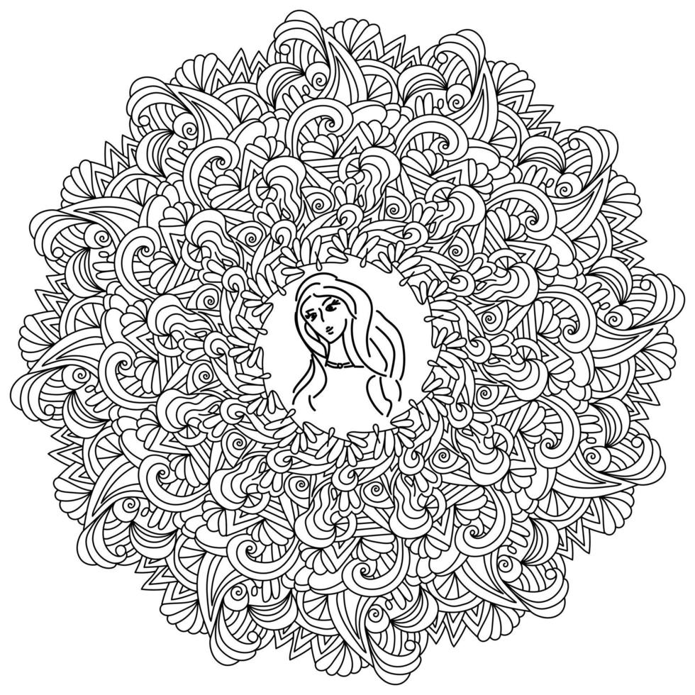 desenho de mandala zen de contorno com cachos e linhas ornamentadas, signo do zodíaco virgem no centro de uma moldura circular com padrões, antistress vetor