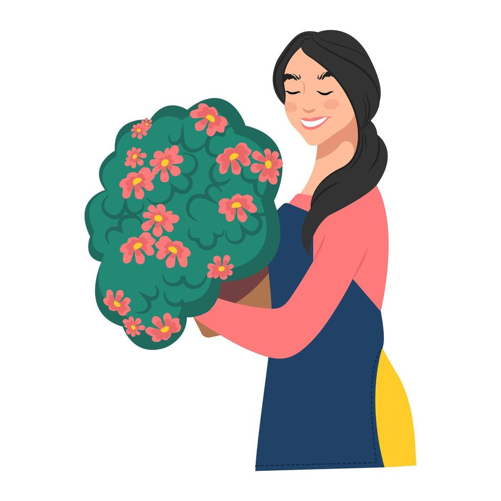 mulher florista segurando uma panela com uma flor exuberante. ilustração vetorial vetor