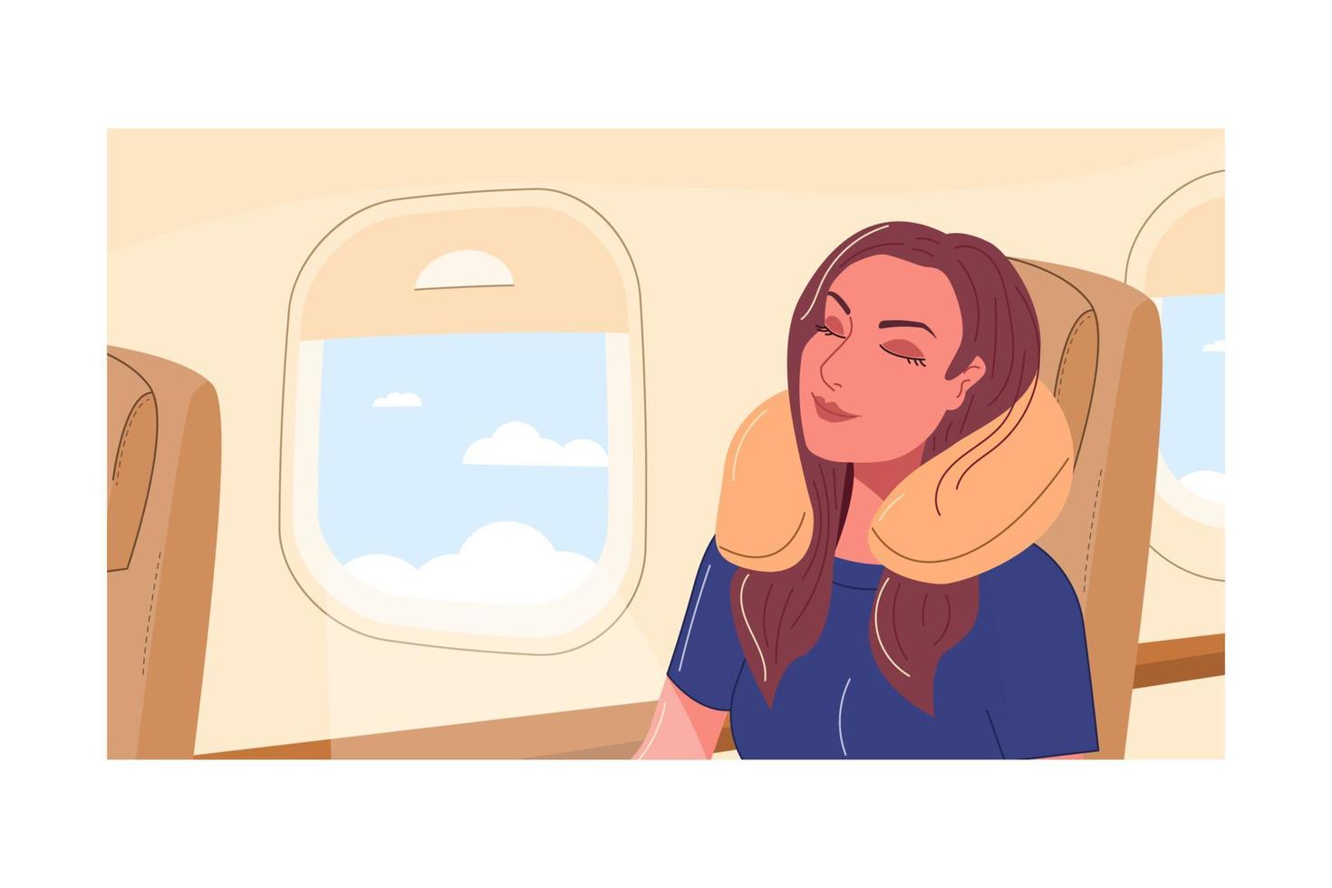 passageiro viajando no avião está dormindo. jovem senta-se na vigia e descansa durante o voo. turista feminina usa almofada de sono inflável. ilustração vetorial plana do personagem viajante vetor