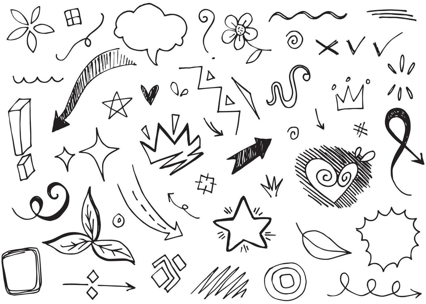setas abstratas, fitas, coroas, corações, explosões e outros elementos em estilo desenhado à mão para design de conceito. ilustração de doodle. modelo de vetor para decoração
