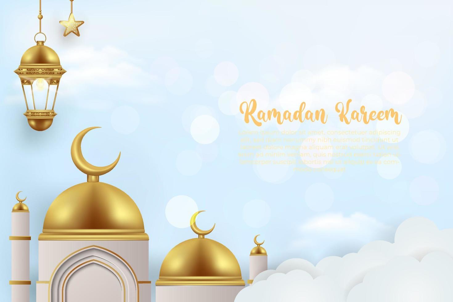 fundo 3d ramadan kareem com mesquita e lanterna de lâmpada dourada. vetor