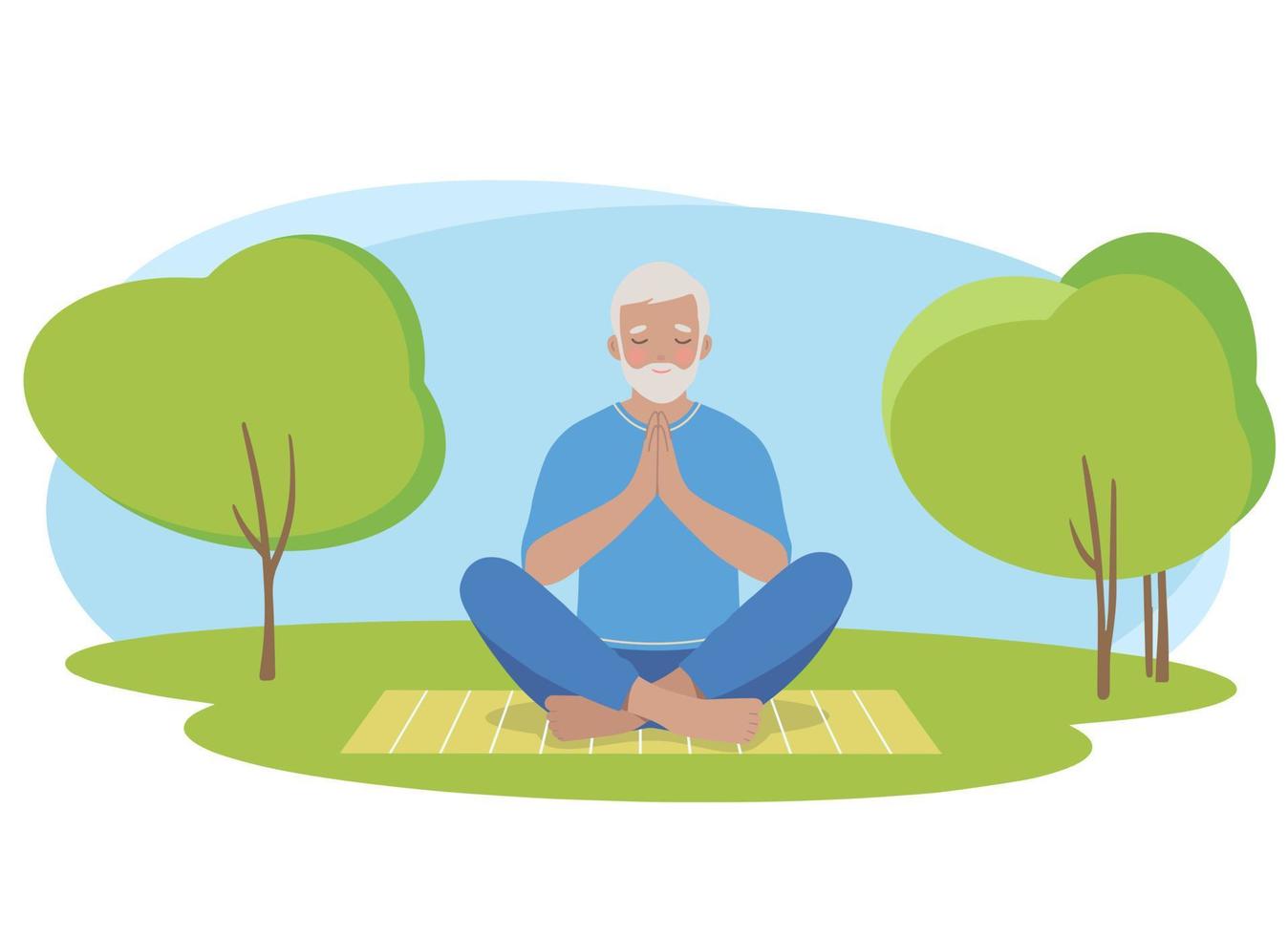 homem mais velho maduro meditando e exercitando a posição de lótus de ioga na natureza vetor