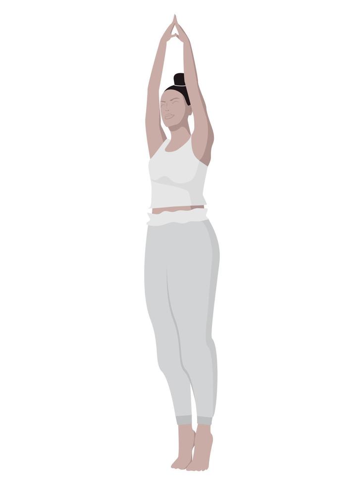 uma mulher realiza um asana de ioga na ponta dos pés com os braços levantados. vetor
