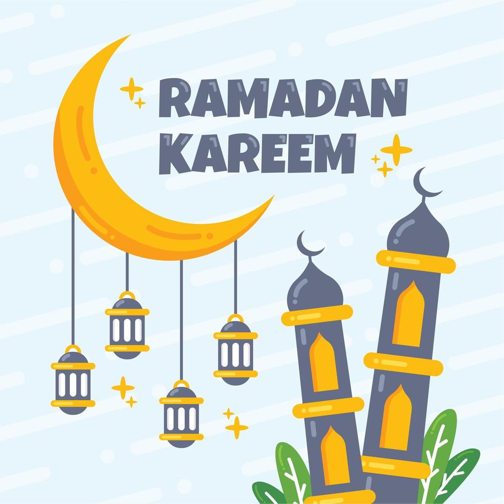 conceito de saudação ramadan kareem com ilustração de mesquita, lua e lanternas vetor