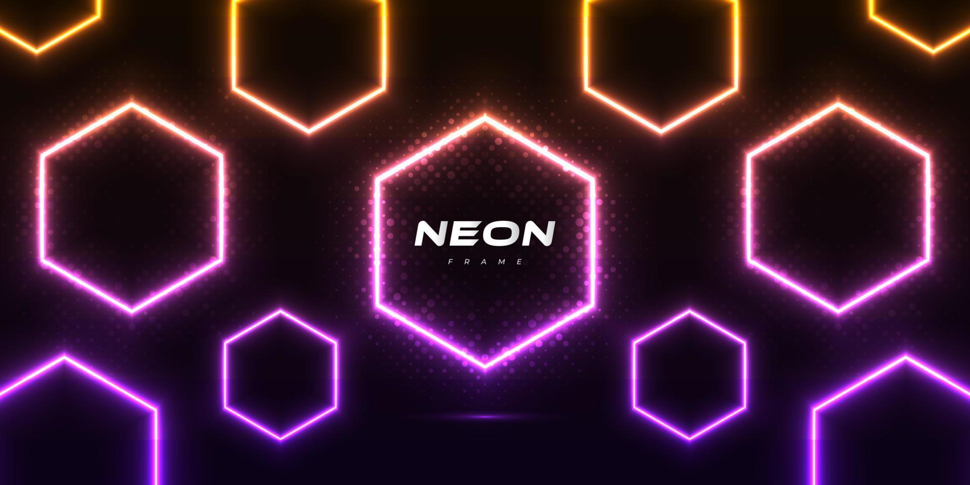 fundo moderno e futurista com formas hexagonais em efeito neon brilhante e estilo de meio-tom em fundo escuro. quadro de néon colorido vetor