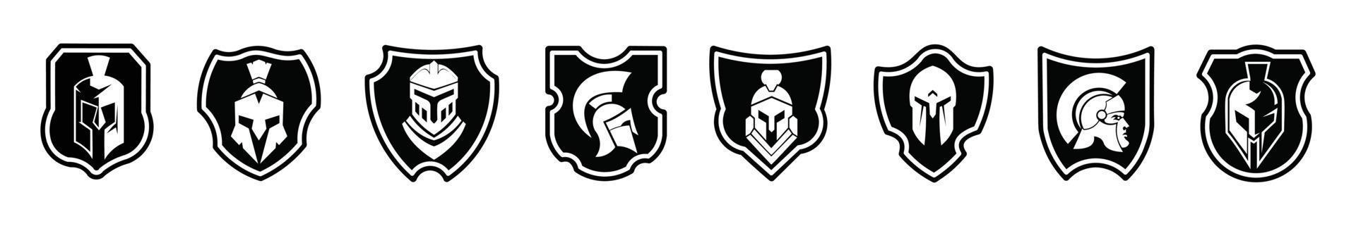 conjunto de ícones de logotipo preto de escudo espartano plano projeta ilustração vetorial em um fundo branco vetor