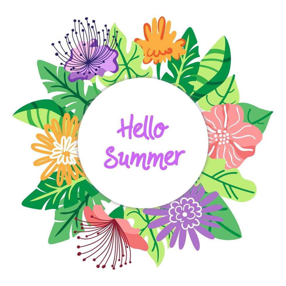 Olá cartão de verão. ilustração vetorial para cartão. tempo de férias. Olá fundo tipográfico de verão com plantas tropicais e flores exóticas. vetor