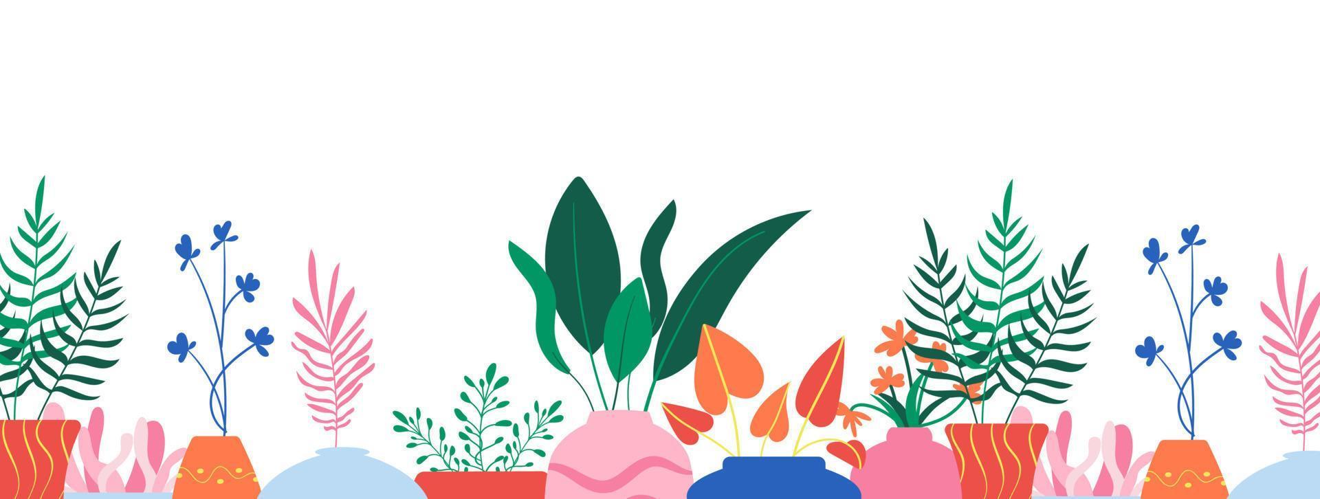 banner vetorial, fundo com plantas de interior em vasos coloridos no estilo boho. plantas de interior folhosas crescendo em vasos de flores. belo interior com decoração. jardim de casa. ilustração plana vetor