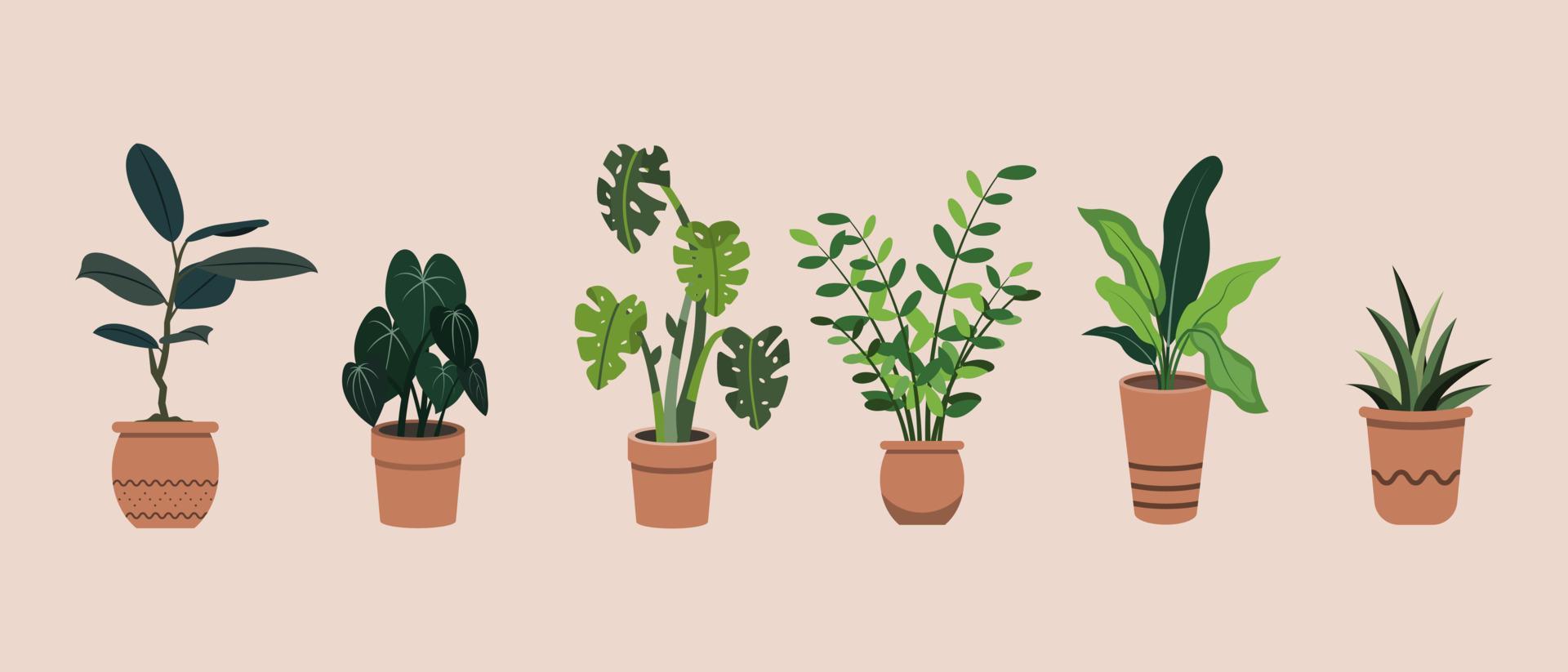 grupo de ilustração de plantas de casa em vasos planos desenhados à mão vetor