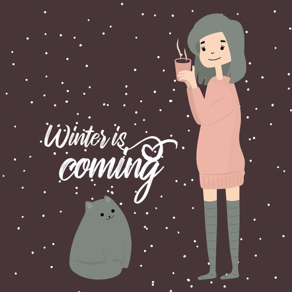 o inverno está chegando garota de citação com flocos de neve de tempo aconchegante de inverno de gato com bebida quente vetor
