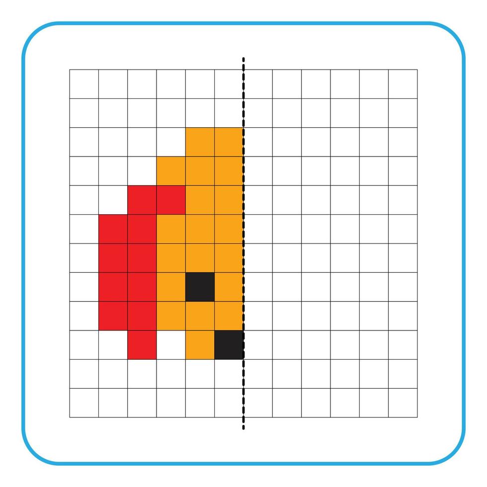 imagem reflexão jogo educativo para crianças. aprenda a preencher planilhas simétricas para atividades pré-escolares. páginas de grade para colorir, percepção visual e pixel art. terminar a cara do cachorro. vetor