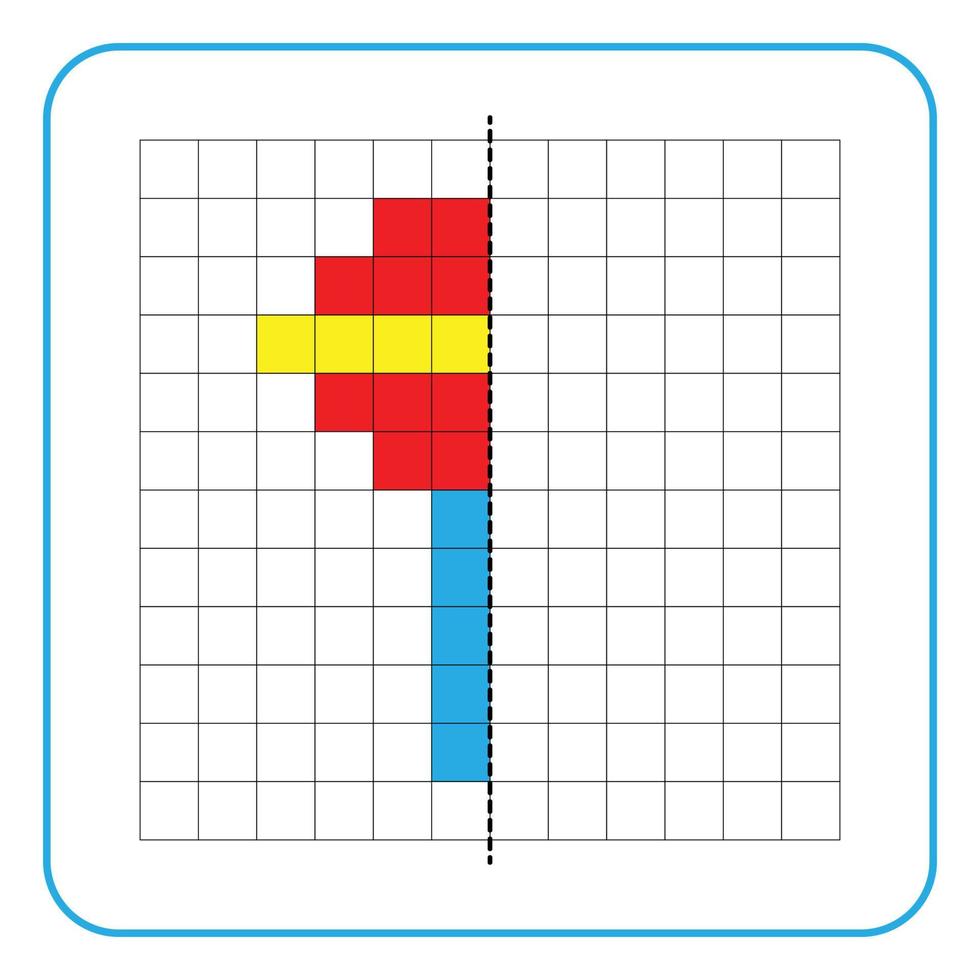 imagem reflexão jogo educativo para crianças. aprenda a preencher planilhas simétricas para atividades pré-escolares. páginas de grade para colorir, percepção visual e pixel art. termine o doce de pirulito. vetor