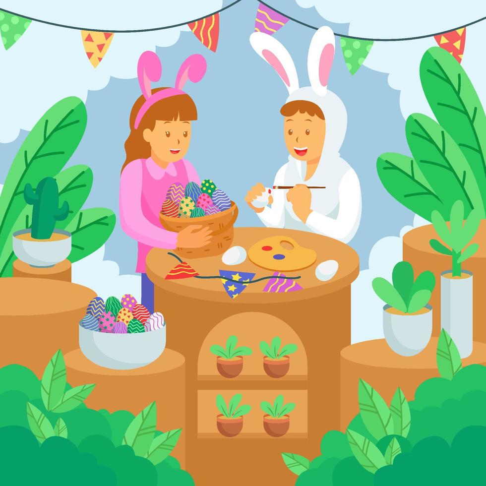 feliz celebração de páscoa crianças pintando ovo vetor