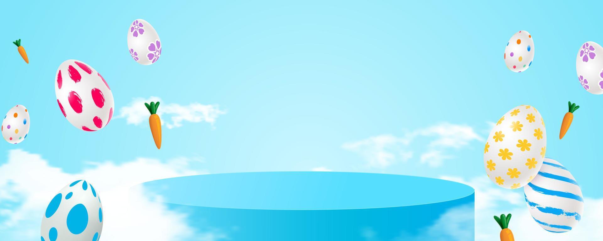 cena minimalista com um pódio cilíndrico azul nas nuvens e ovos de páscoa voadores e cenouras. palco para demonstração do produto, vitrine. ilustração vetorial vetor