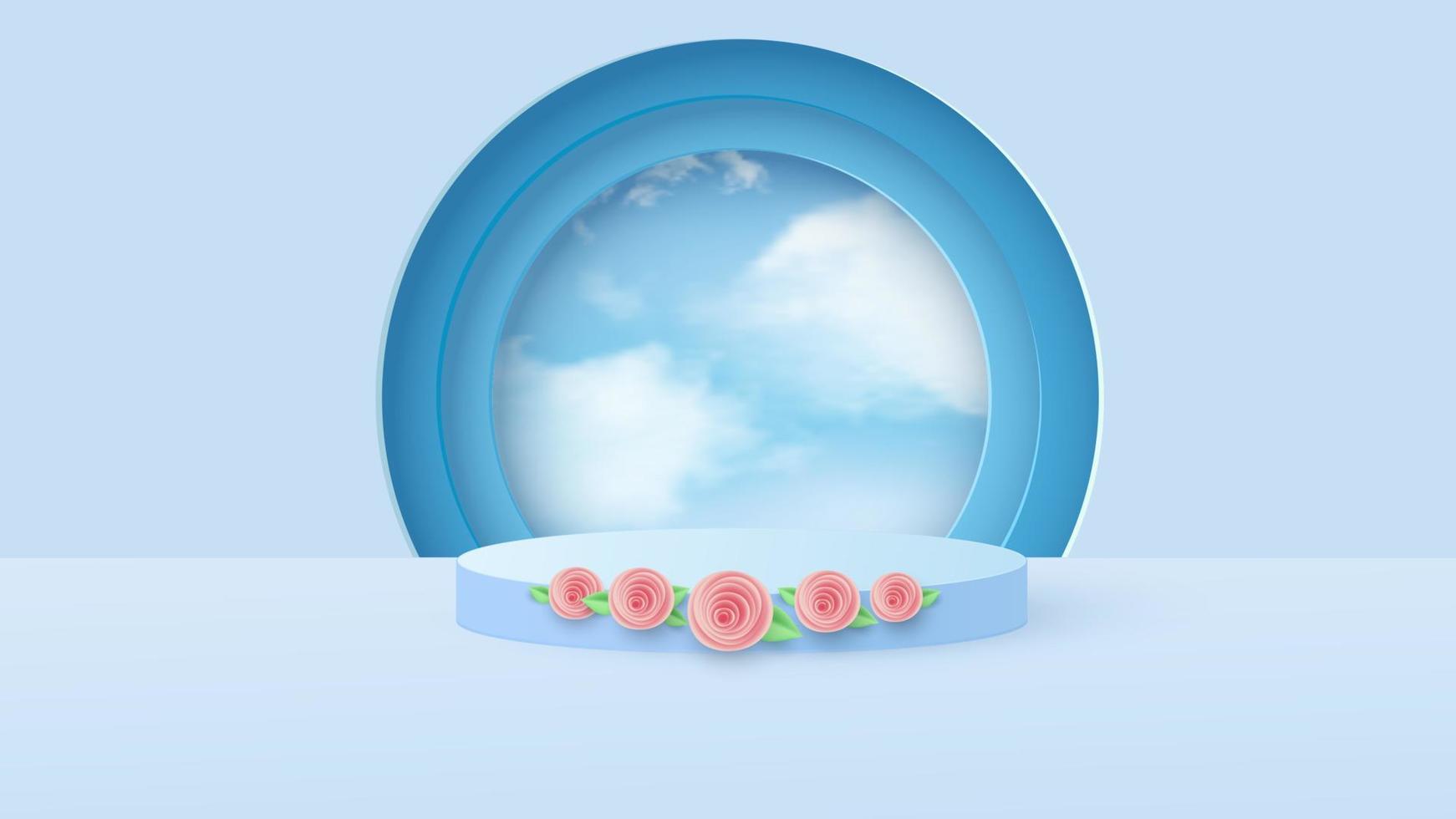 cena mínima com formas geométricas. pódio cilíndrico em azul claro com flores da primavera. cenário para a demonstração de um produto cosmético, vitrine. ilustração vetorial vetor