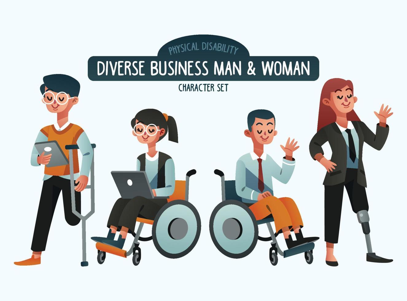 empresário diversificado e mulher com conjunto de caracteres de deficiência física vetor