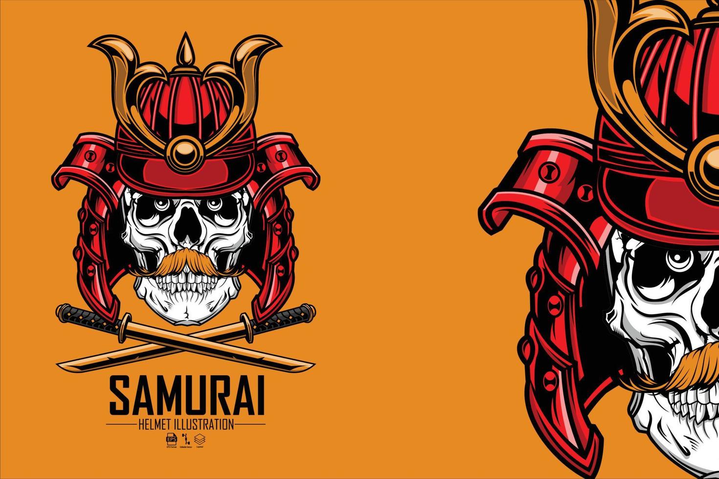 crânio faça uma ilustração 1 de capacete de samurai com um fundo amarelo.eps vetor