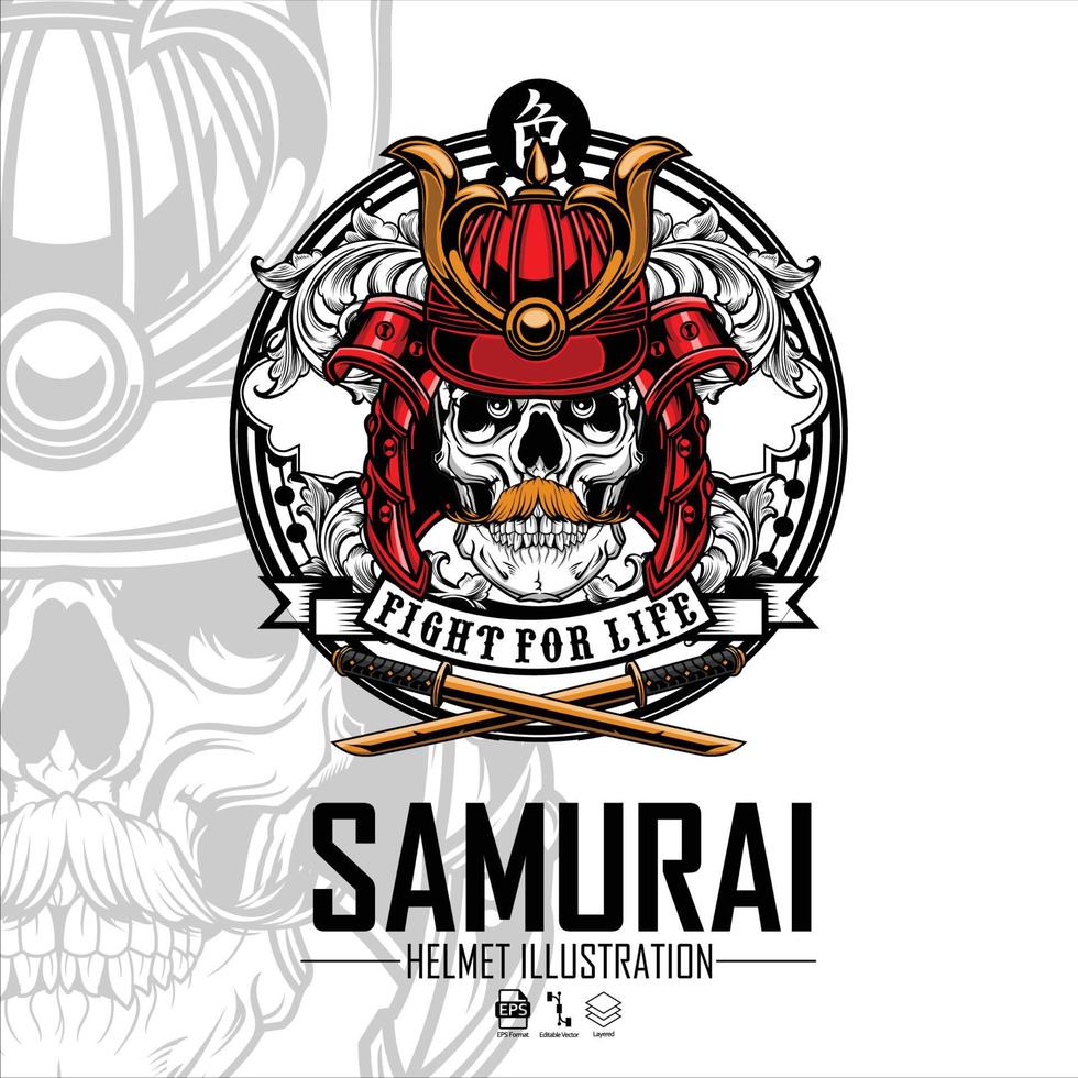 crânio faz uma ilustração de capacete de samurai.eps vetor