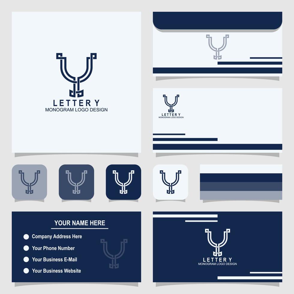 design de logotipo de monograma de letra y criativo com cartão de visita e modelo de envelope vetor