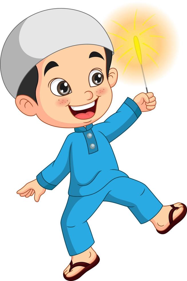 desenho animado menino muçulmano feliz jogando fogo de artifício vetor
