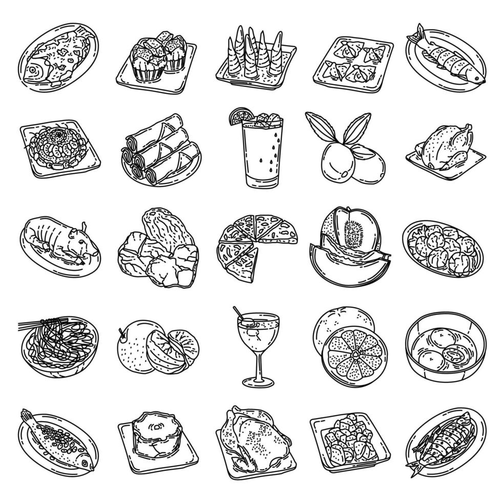 alimentos tradicionais, frutas e bebidas do ano novo chinês conjunto de ícones vetoriais doodle desenhados à mão ou estilo de ícone de contorno. vetor
