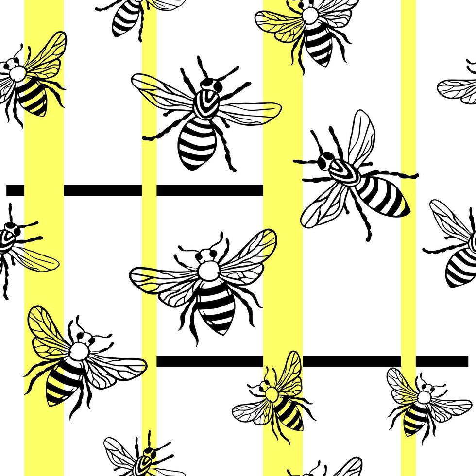 padrão de vetor sem costura, sem fim de abelhas com listras amarelas. insetos desenhados à mão, vespas no estilo de rabiscos. vector design moderno. têxteis ecológicos e orgânicos. para embalagens, rótulos, design de ícones.