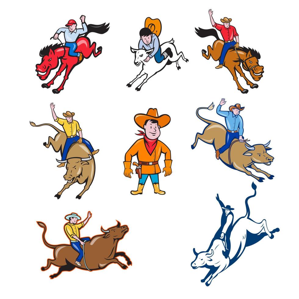 conjunto de desenhos animados de cowboy de rodeio vetor