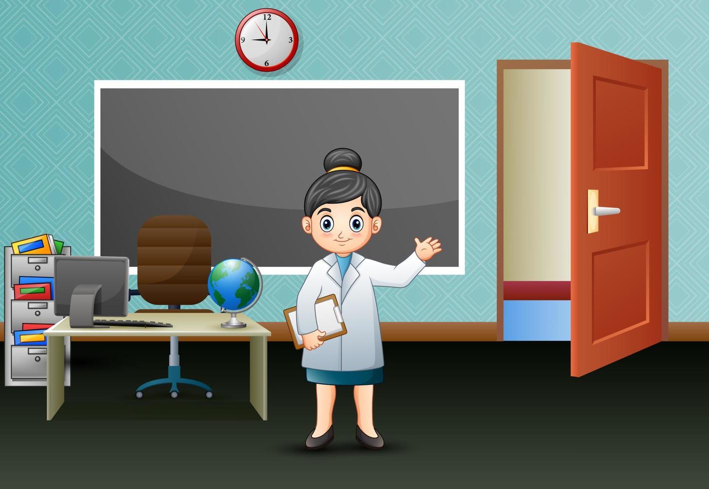 uma médica mostrando sua sala de escritório vetor