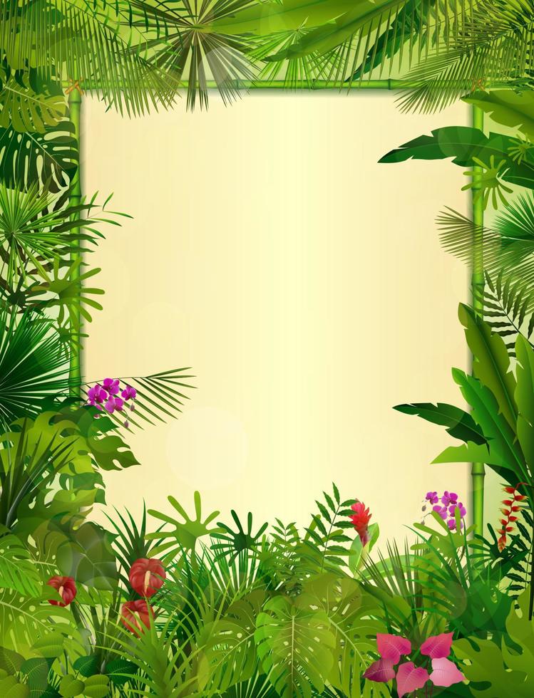 fundo tropical com moldura floral retângulo em bambu conceito vetor