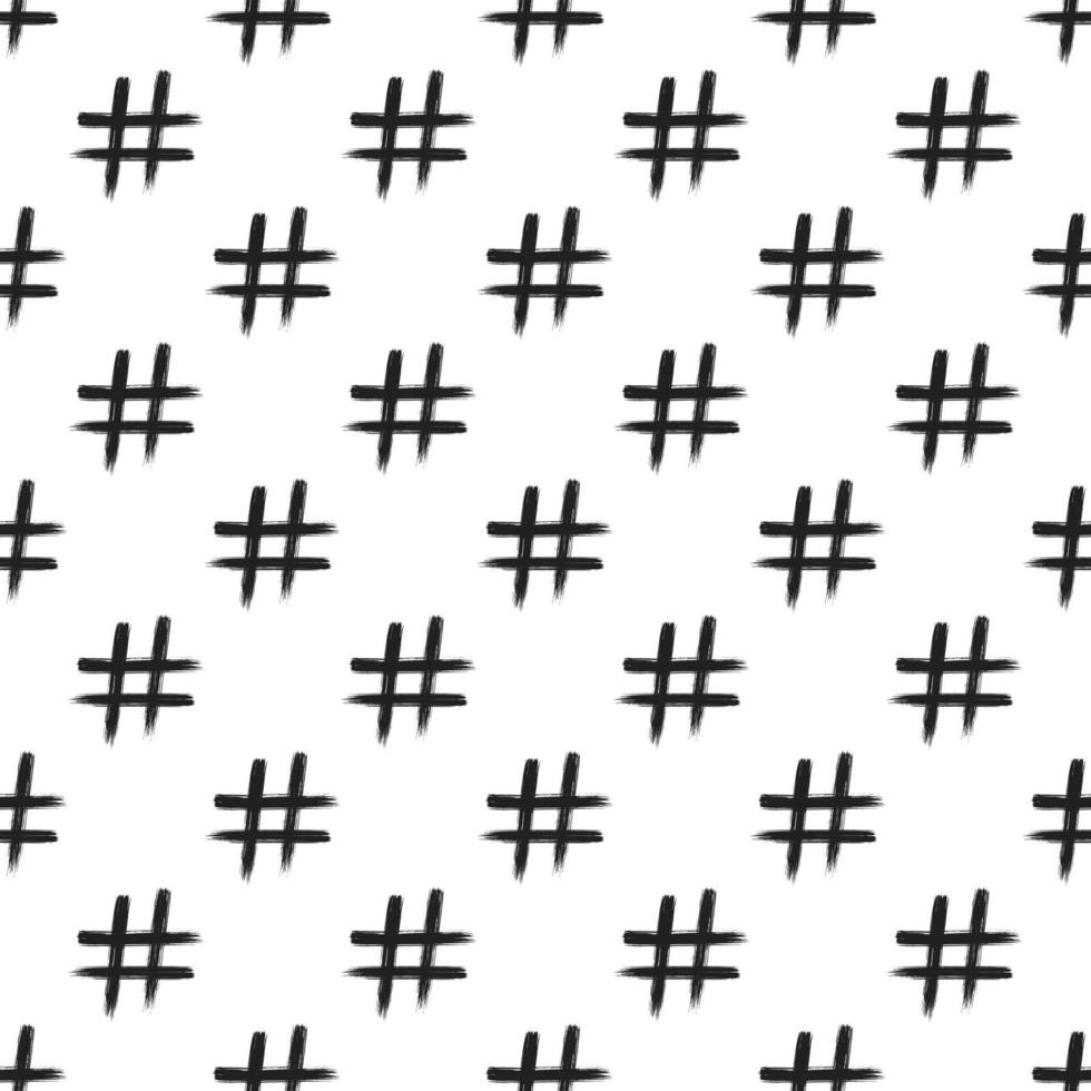 padrão sem emenda com mão desenhada pincelada arte suja hashtag símbolo ícone sinal isolado no fundo branco. composição em preto e branco da hashtag do símbolo vetor