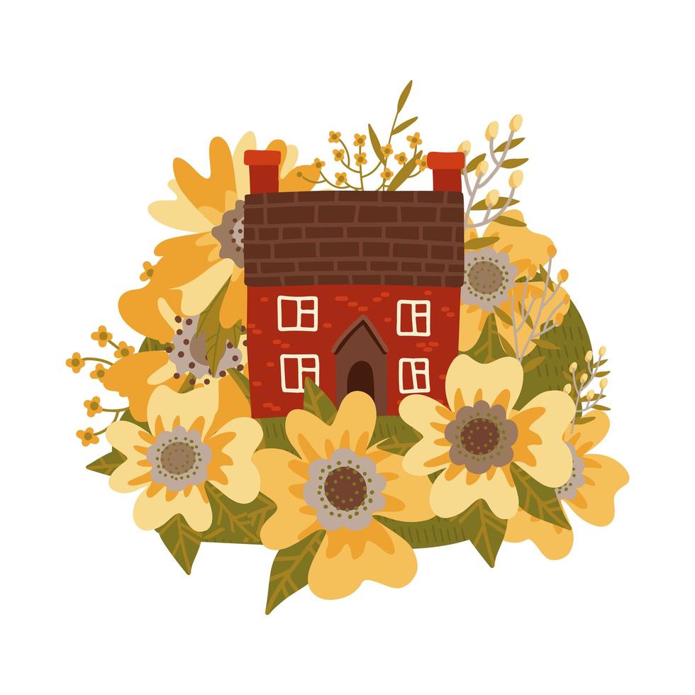 lindas casas antigas entre enormes flores silvestres de primavera amarela. adorável cartoon edifício illustrationin em estilo de vetor plana. conceito retrô isolado no fundo branco.