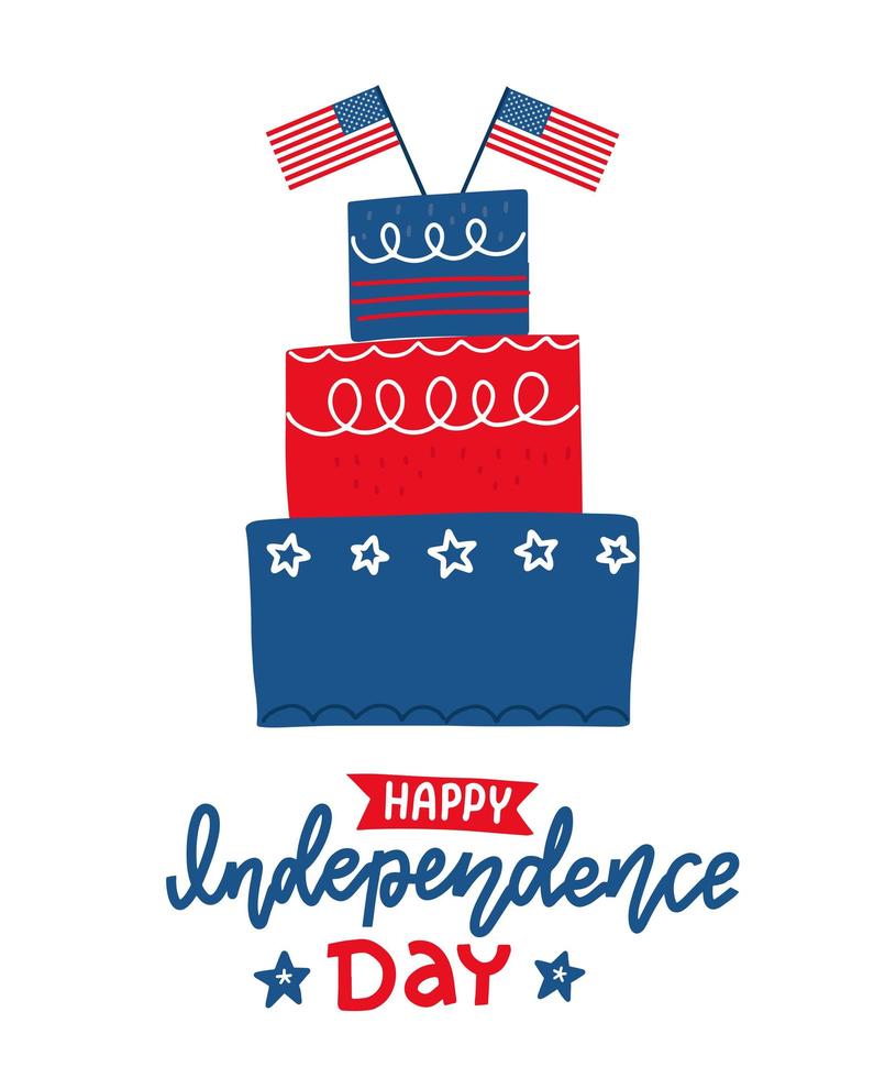 grande bolo com estrela e tira duas bandeiras feliz dia da independência estados unidos da américa. 4 de julho tema. ilustração de doodle de vetor de design plano com letras desenhadas à mão