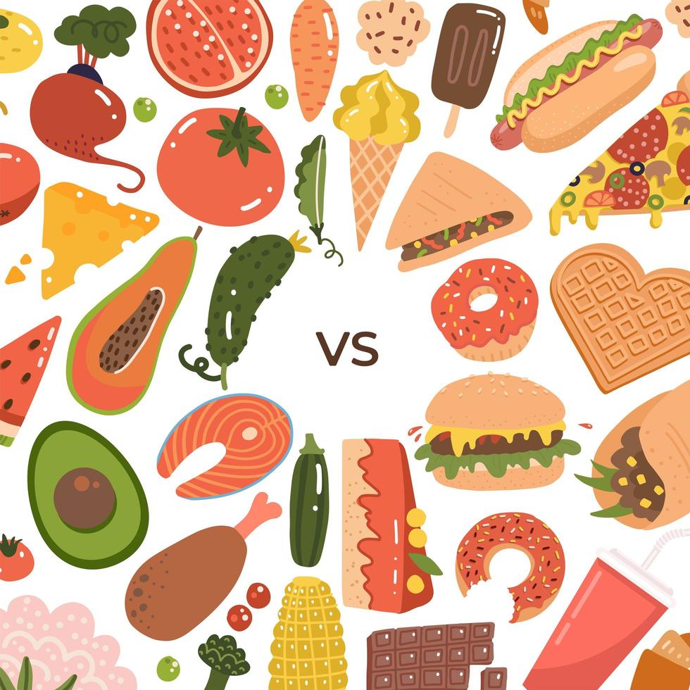 saudável vs junk food background. estilo de vida pouco saudável com refrigerante, hambúrguer e comida de açúcar. nutrição saudável inclui legumes e frutas. ilustração vetorial plana para banner. vetor