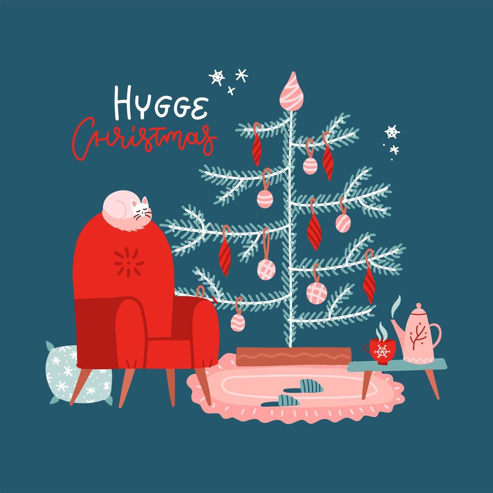 conceito de cartão de saudação. interior escandinavo com decorações para casa - árvore, gato, poltrona, mesa com chá. temporada de férias de inverno aconchegante. ilustração fofa, letras de natal em estilo hygge. vetor plano