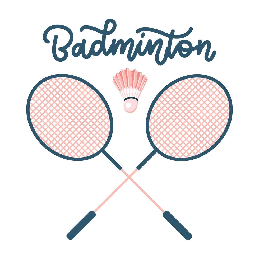 raquetes de badminton com peteca. conceito de equipamentos esportivos com letras desenhadas à mão. ilustração em vetor plana.