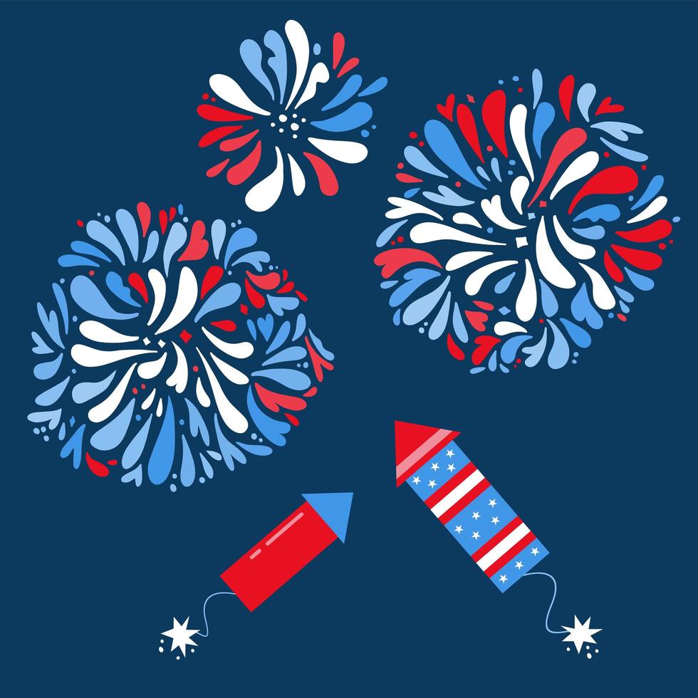 conjunto de fogos de artifício festivos isolados e foguetes em um fundo azul escuro. ilustração em vetor plana para 4 de julho.