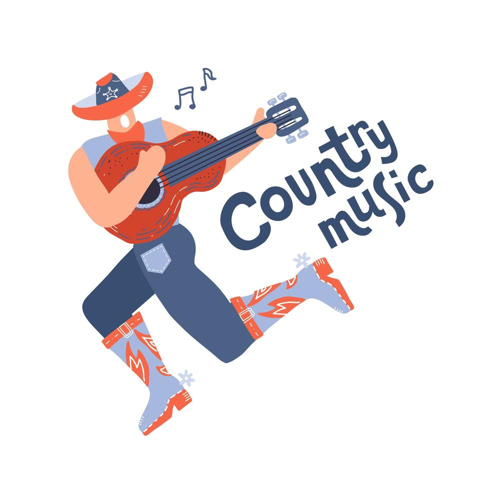 ilustração áspera do jovem cantor de estilo country com guitarra. personagem de homem moderno com chapéu de cowboy. conceito ou impressão para banner do festival. ilustração vetorial de doodle desenhada à mão plana vetor