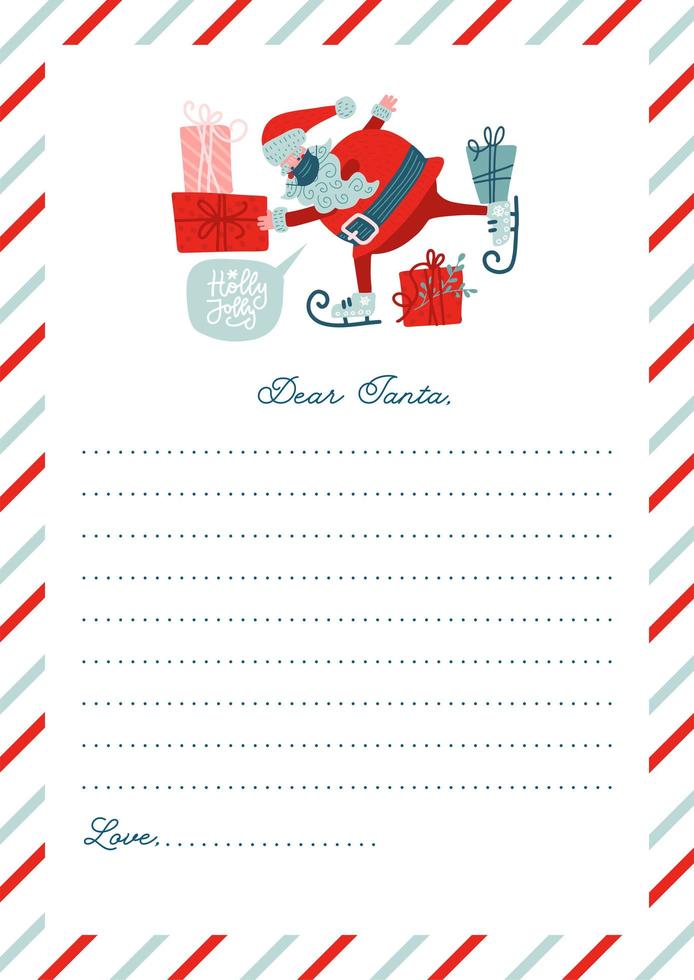 carta engraçada para o papai noel. modelo de vetor. bela ilustração plana com personagem plana papai noel com caixas de presente. desenho desenhado a mão.. vetor