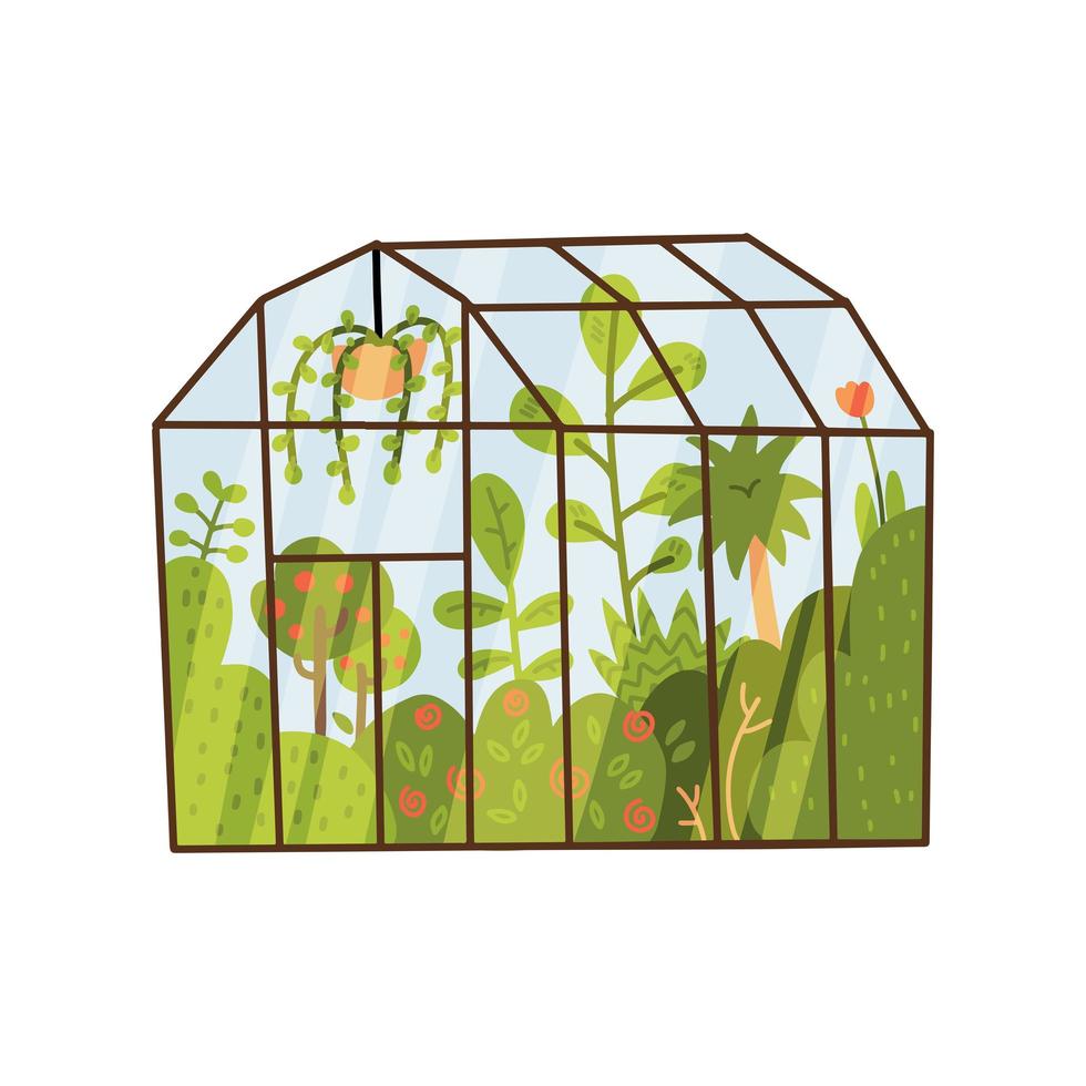 plantas crescendo dentro de estufa de vidro. estufa ou jardim botânico. conceito de jardinagem em casa. ilustração em vetor plana moderna.